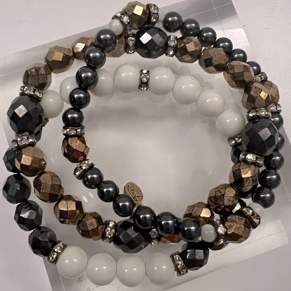 Set of 3 White Jade Czech Bead Stretchy Bracelets